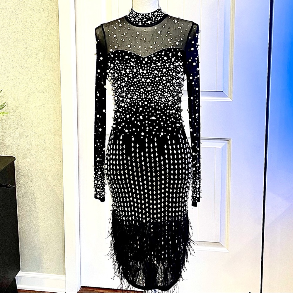 Pearl, rhinestone, & feather embellished dress